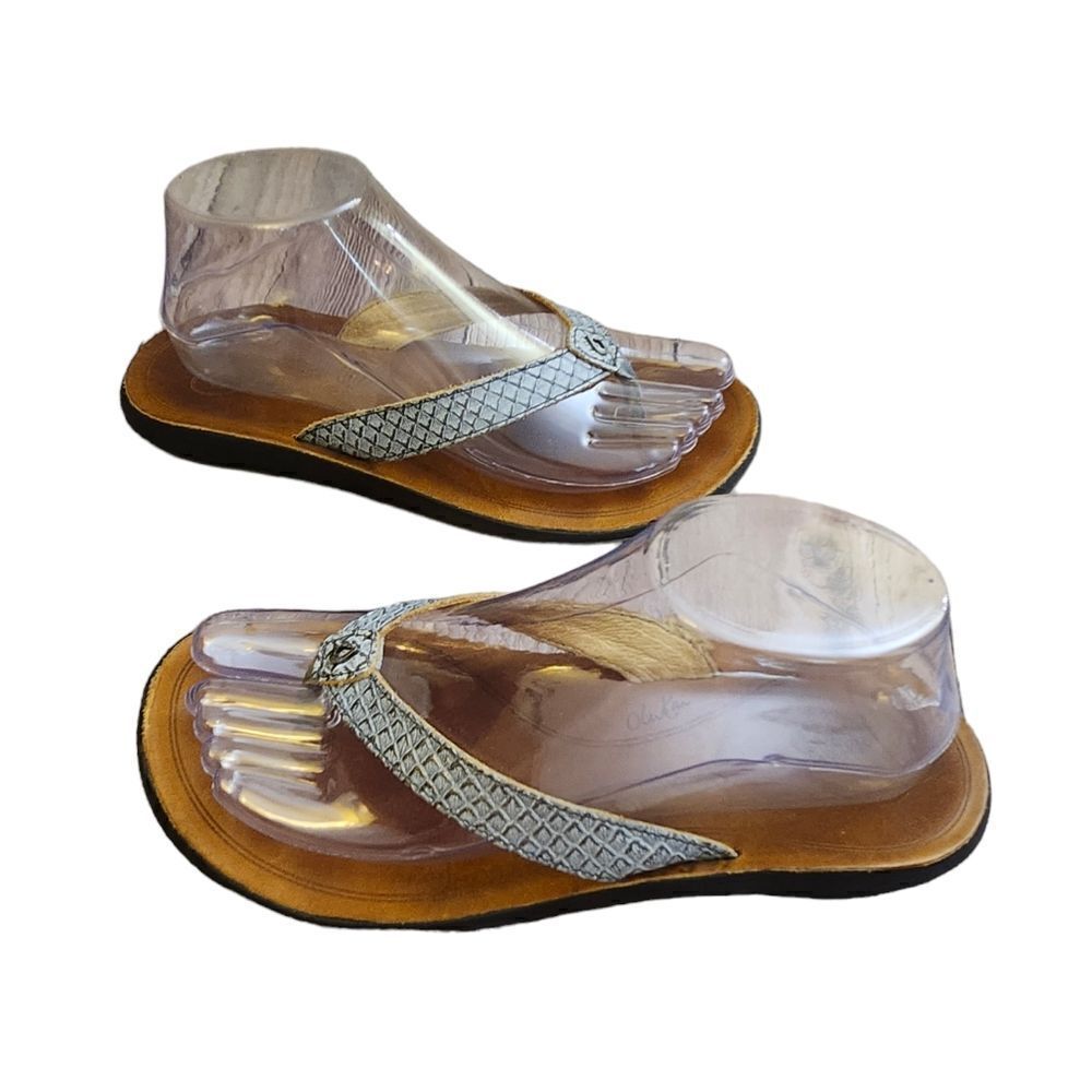OluKai Silver Braided Thong Sandals with Tan Footbed